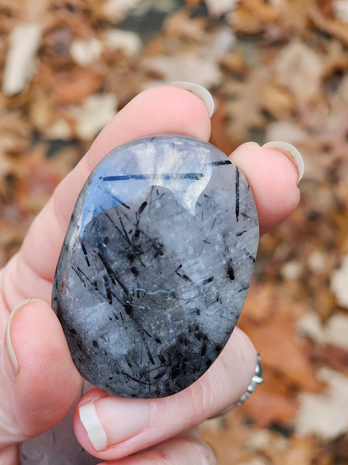 Quartz with Rutilated Black Tourmaline Palm Stone