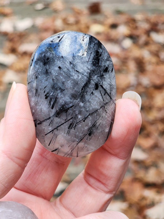 Quartz with Rutilated Black Tourmaline Palm Stone